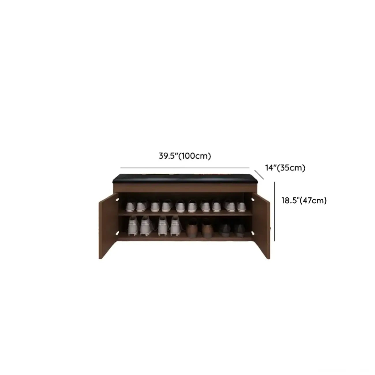 Banc d'entrée avec coussin en cuir, couvercle rabattable en bois et rangement intégré