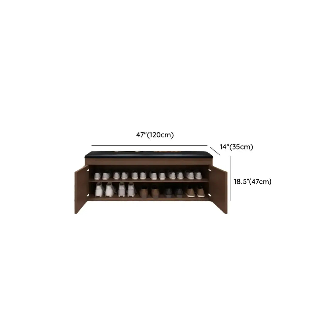 Banc d'entrée avec coussin en cuir, couvercle rabattable en bois et rangement intégré