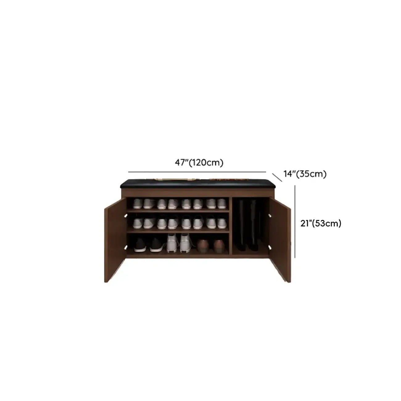 Banc d'entrée avec coussin en cuir, couvercle rabattable en bois et rangement intégré