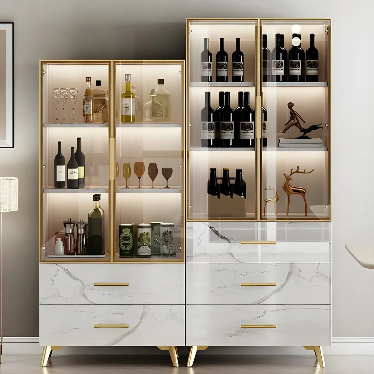 Meuble polyvalent moderne en bois texturé marbre blanc doré et verre