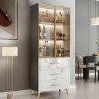 Meuble polyvalent moderne en bois texturé marbre blanc doré et verre