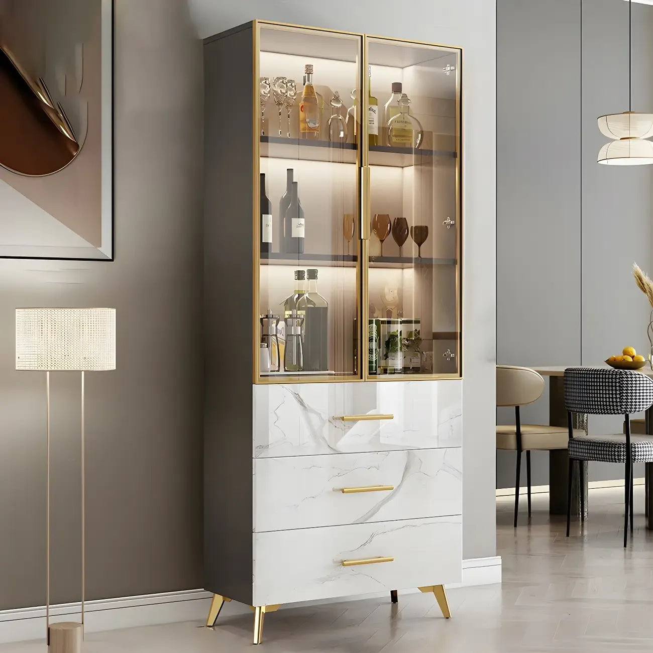 Meuble polyvalent moderne en bois texturé marbre blanc doré et verre