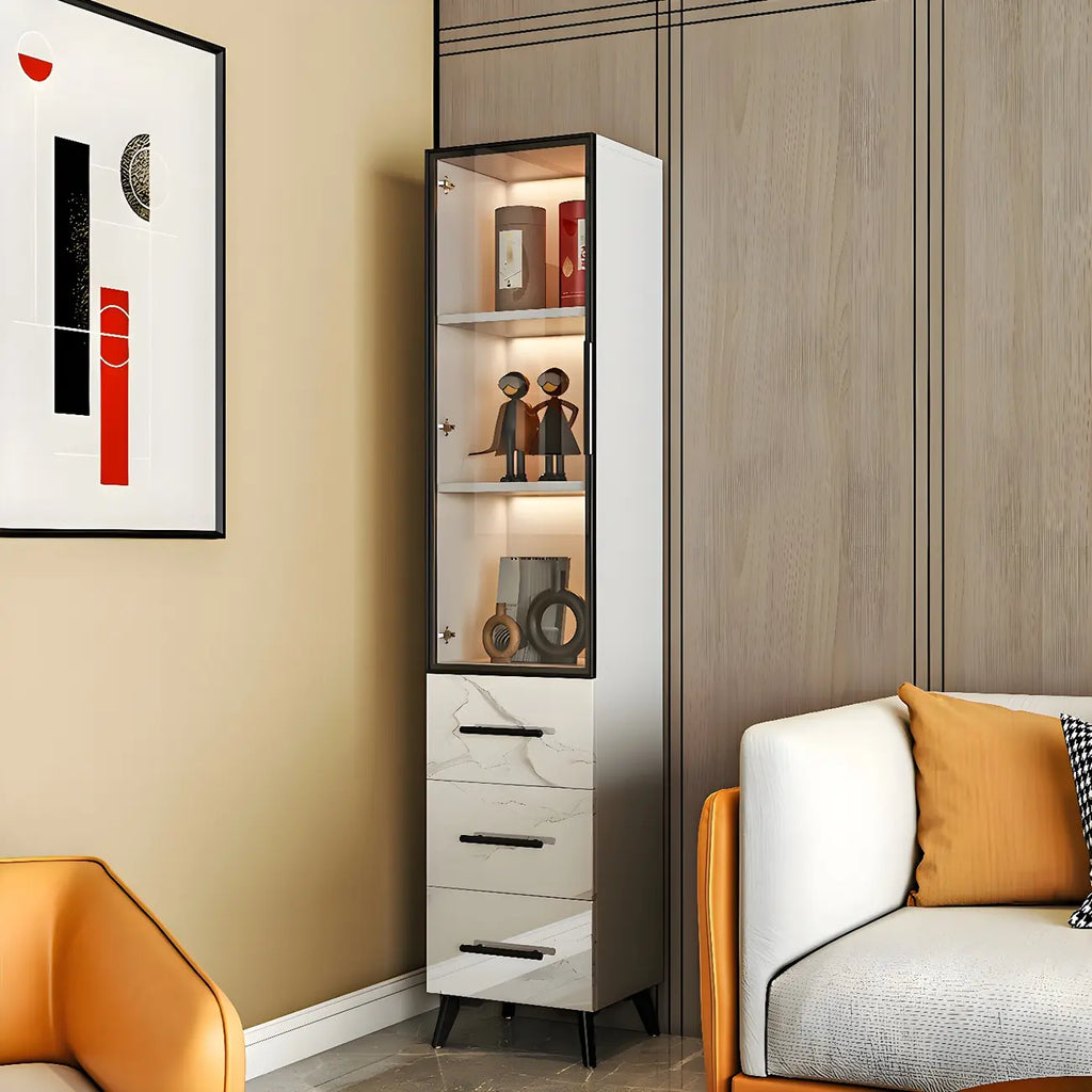 Meuble polyvalent moderne en bois texturé marbre blanc doré et verre