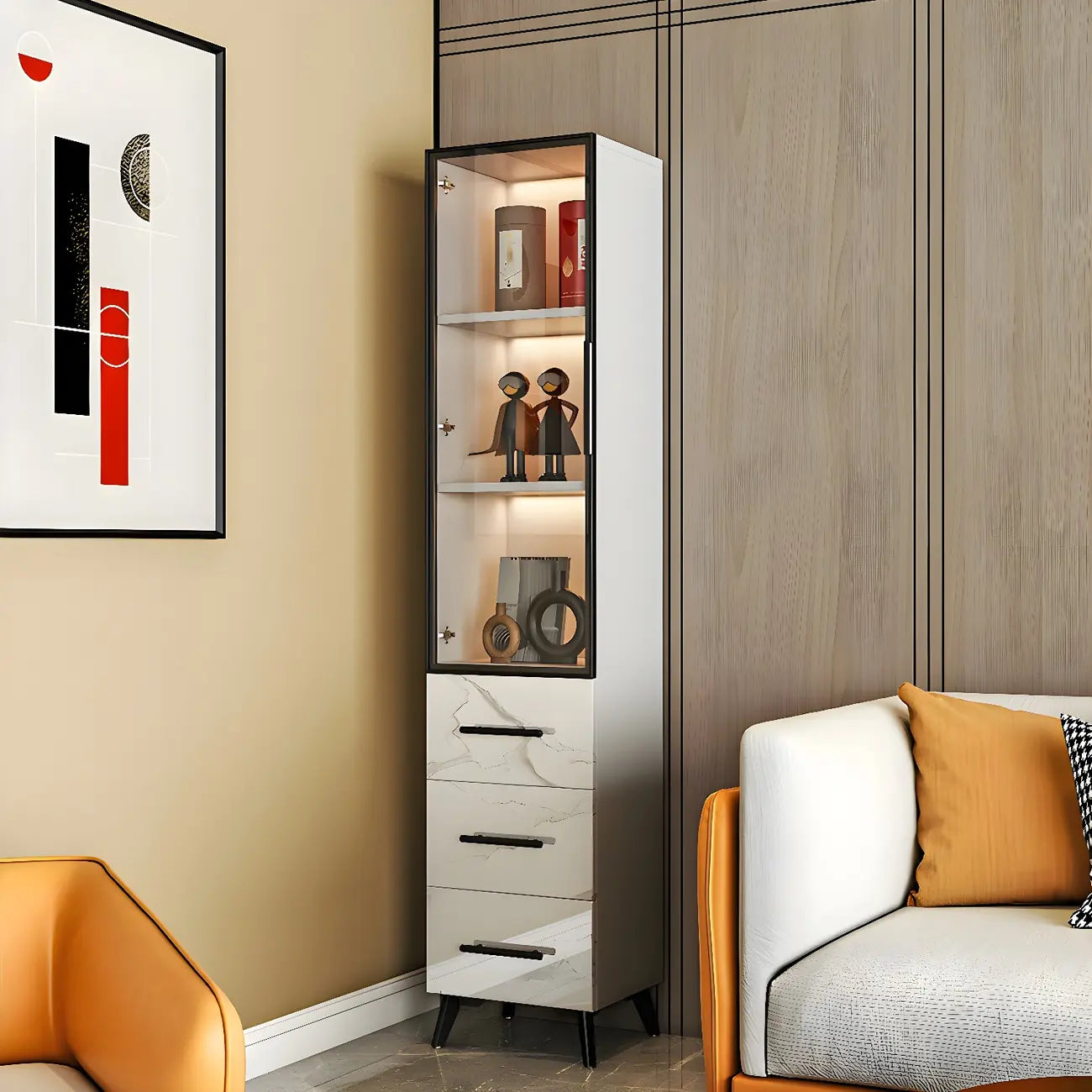 Meuble polyvalent moderne en bois texturé marbre blanc doré et verre