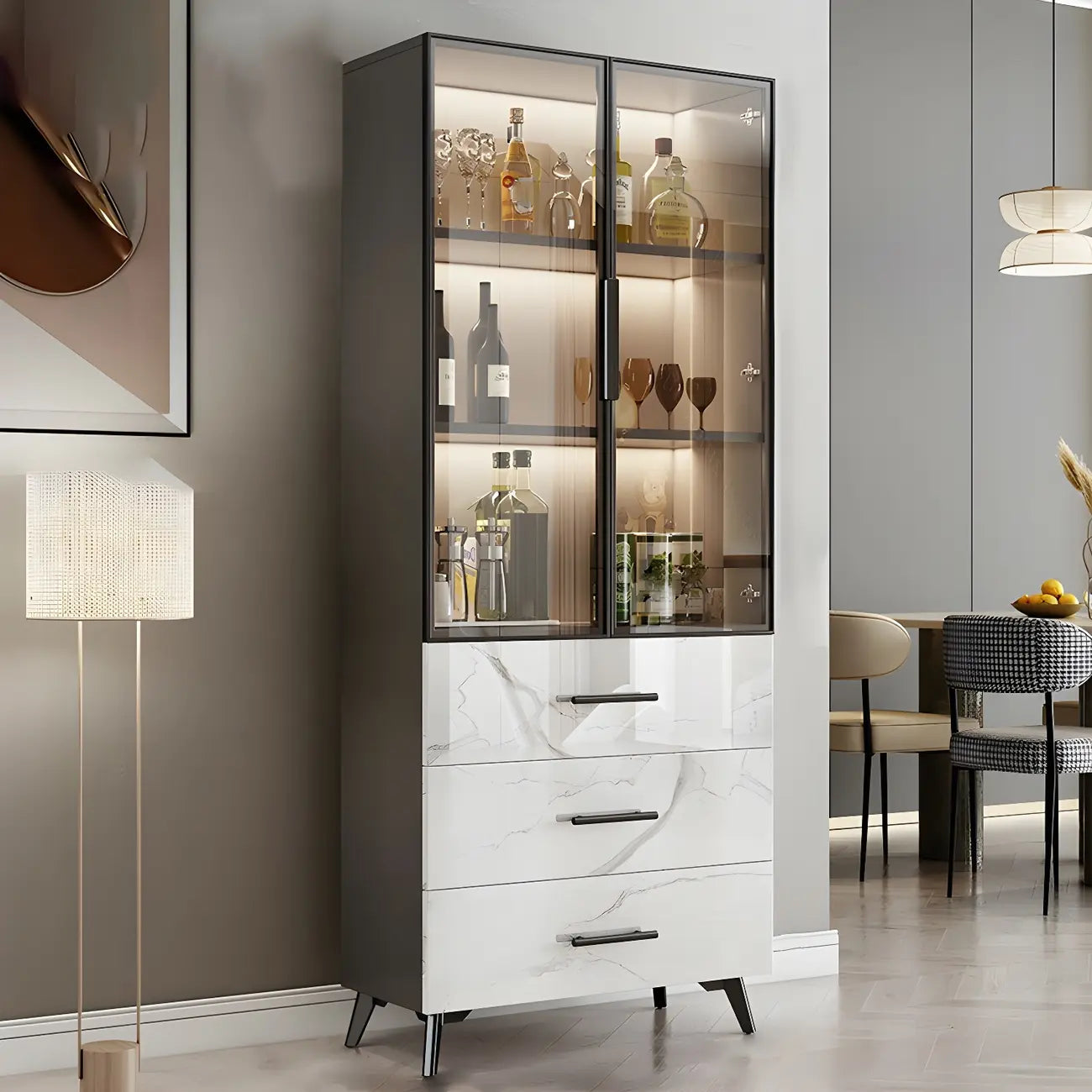 Meuble polyvalent moderne en bois texturé marbre blanc doré et verre