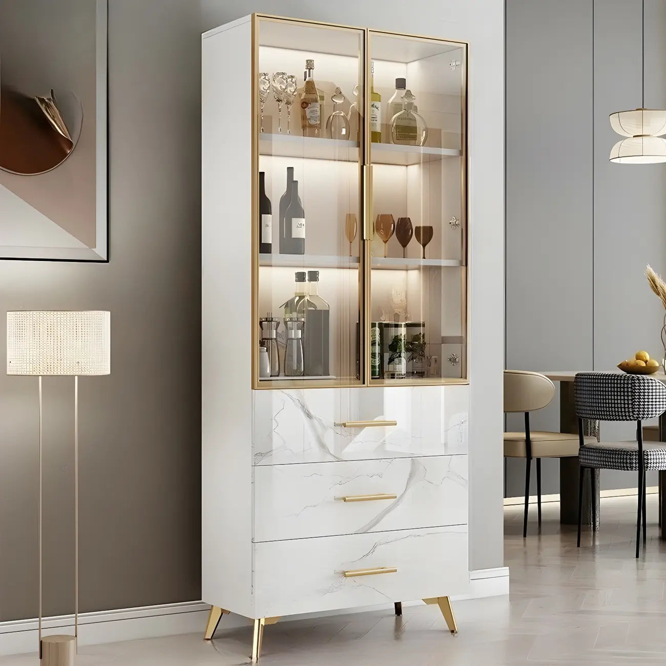 Meuble polyvalent moderne en bois texturé marbre blanc doré et verre