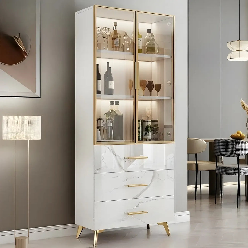 Meuble polyvalent moderne en bois texturé marbre blanc doré et verre