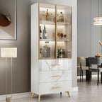 Meuble polyvalent moderne en bois texturé marbre blanc doré et verre