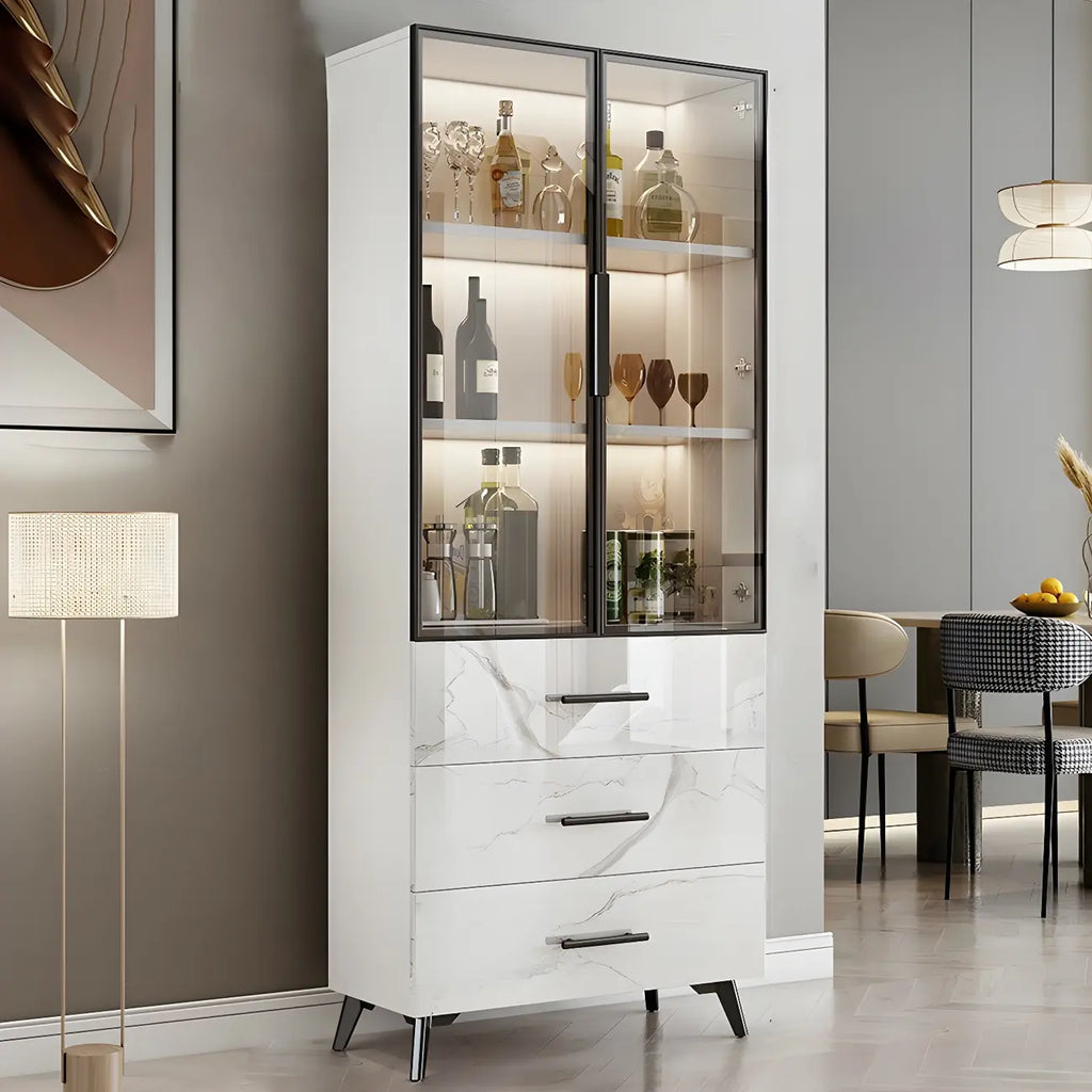 Meuble polyvalent moderne en bois texturé marbre blanc doré et verre