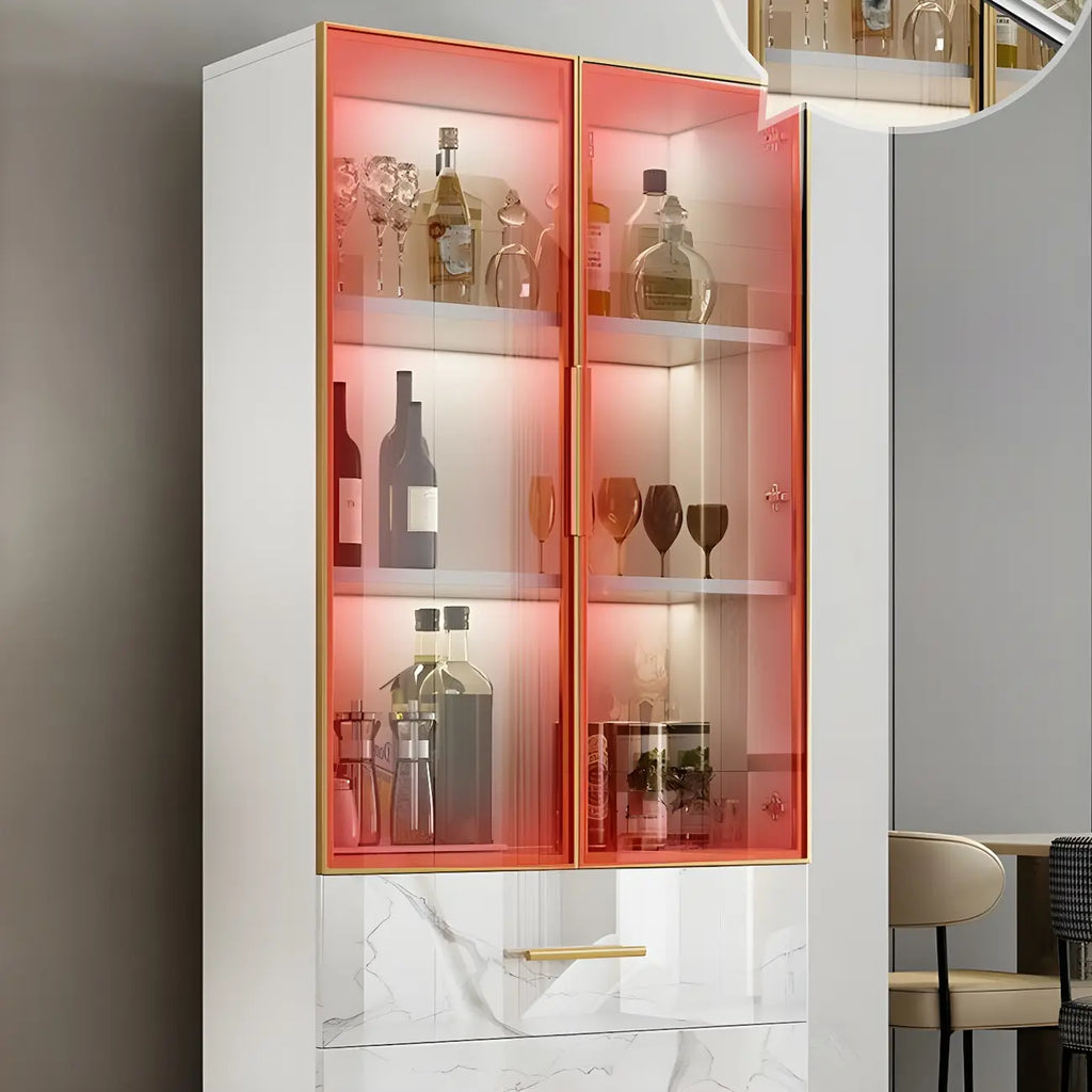 Meuble polyvalent moderne en bois texturé marbre blanc doré et verre