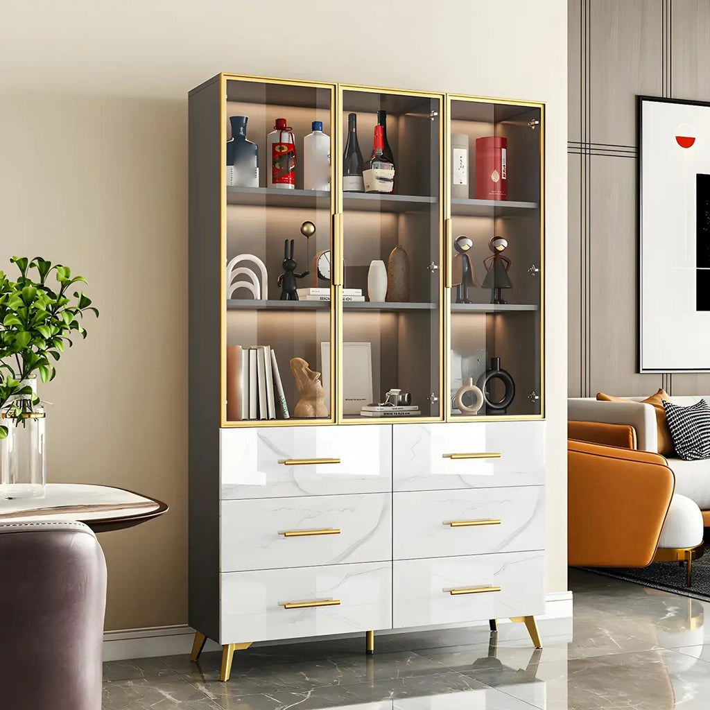 Meuble polyvalent moderne en bois texturé marbre blanc doré et verre