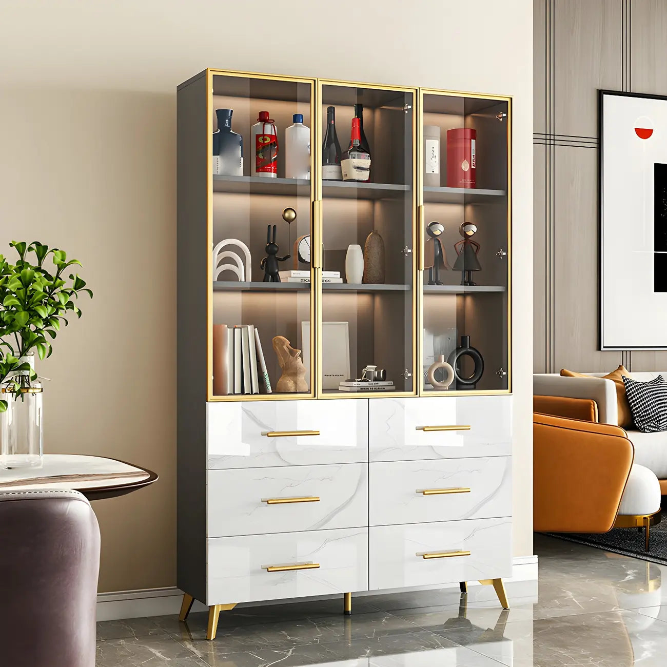 Meuble polyvalent moderne en bois texturé marbre blanc doré et verre