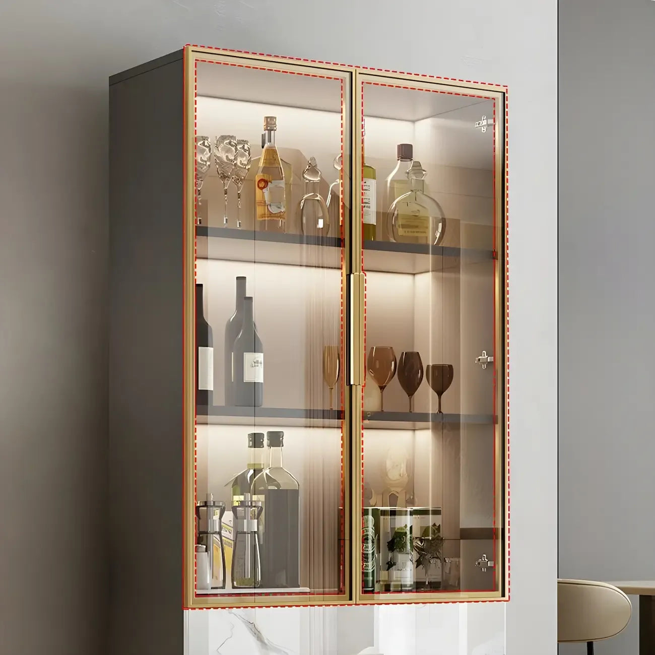 Meuble polyvalent moderne en bois texturé marbre blanc doré et verre