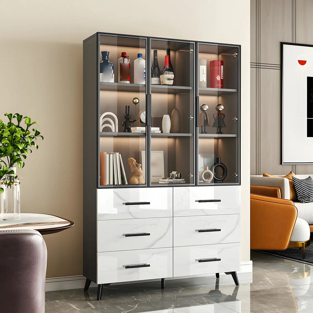 Meuble polyvalent moderne en bois texturé marbre blanc doré et verre