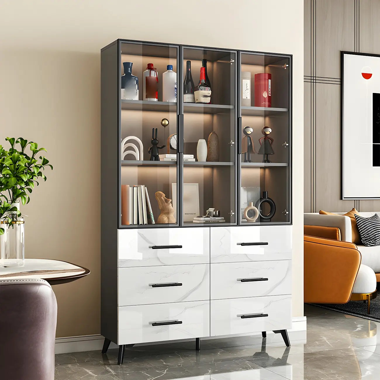 Meuble polyvalent moderne en bois texturé marbre blanc doré et verre