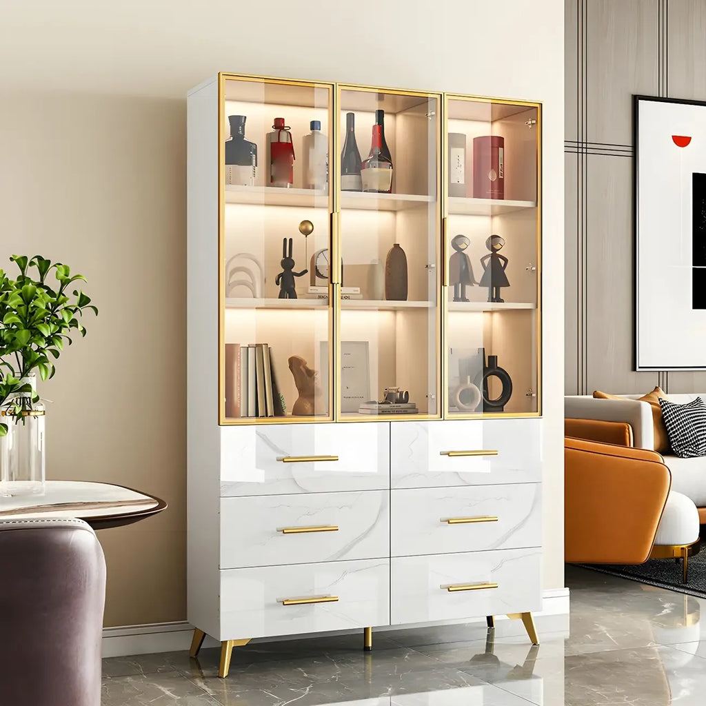 Meuble polyvalent moderne en bois texturé marbre blanc doré et verre