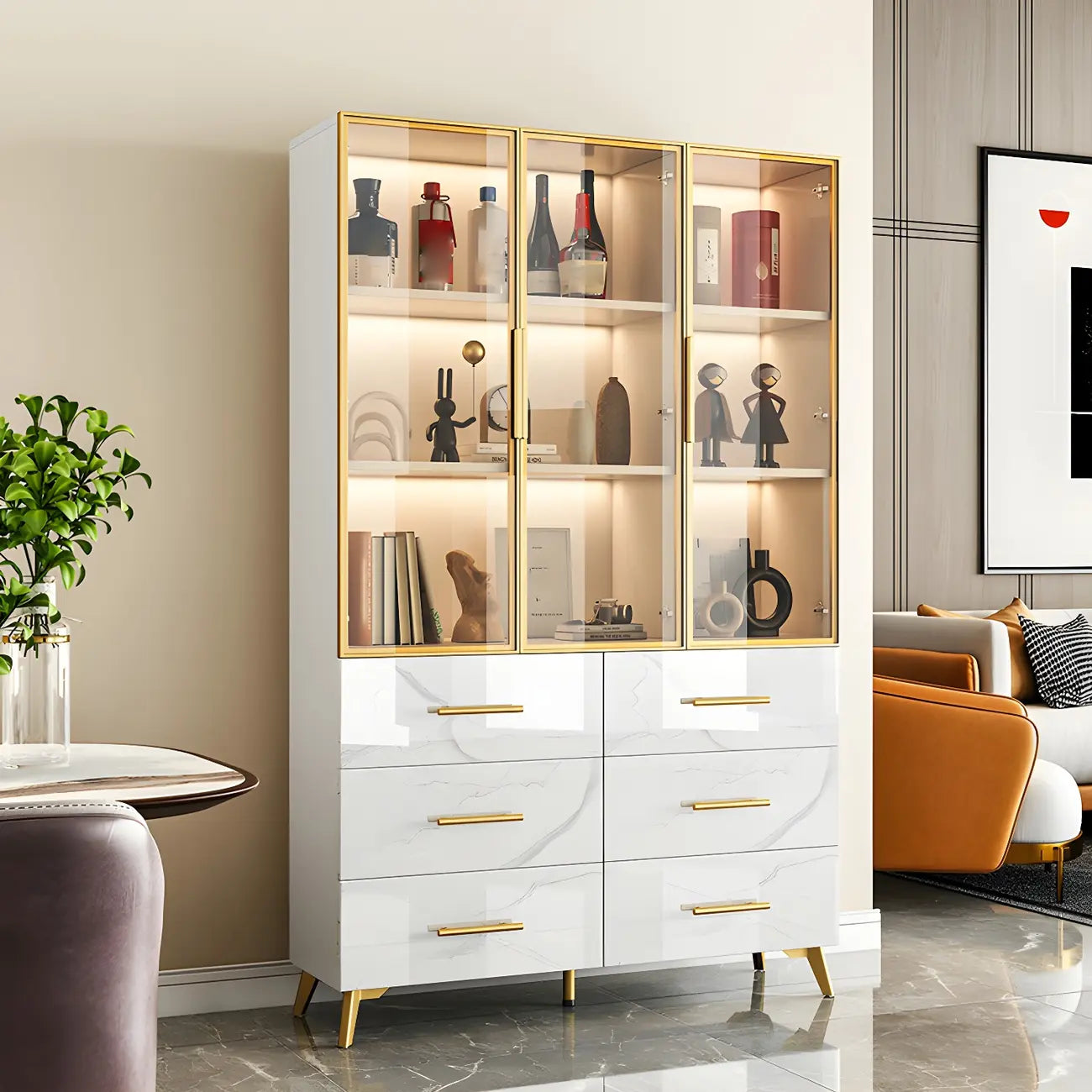 Meuble polyvalent moderne en bois texturé marbre blanc doré et verre