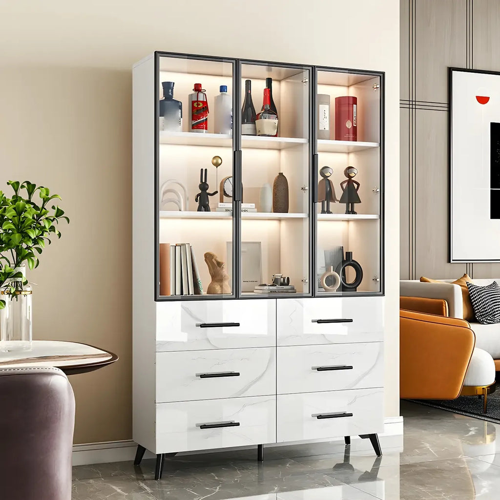 Meuble polyvalent moderne en bois texturé marbre blanc doré et verre
