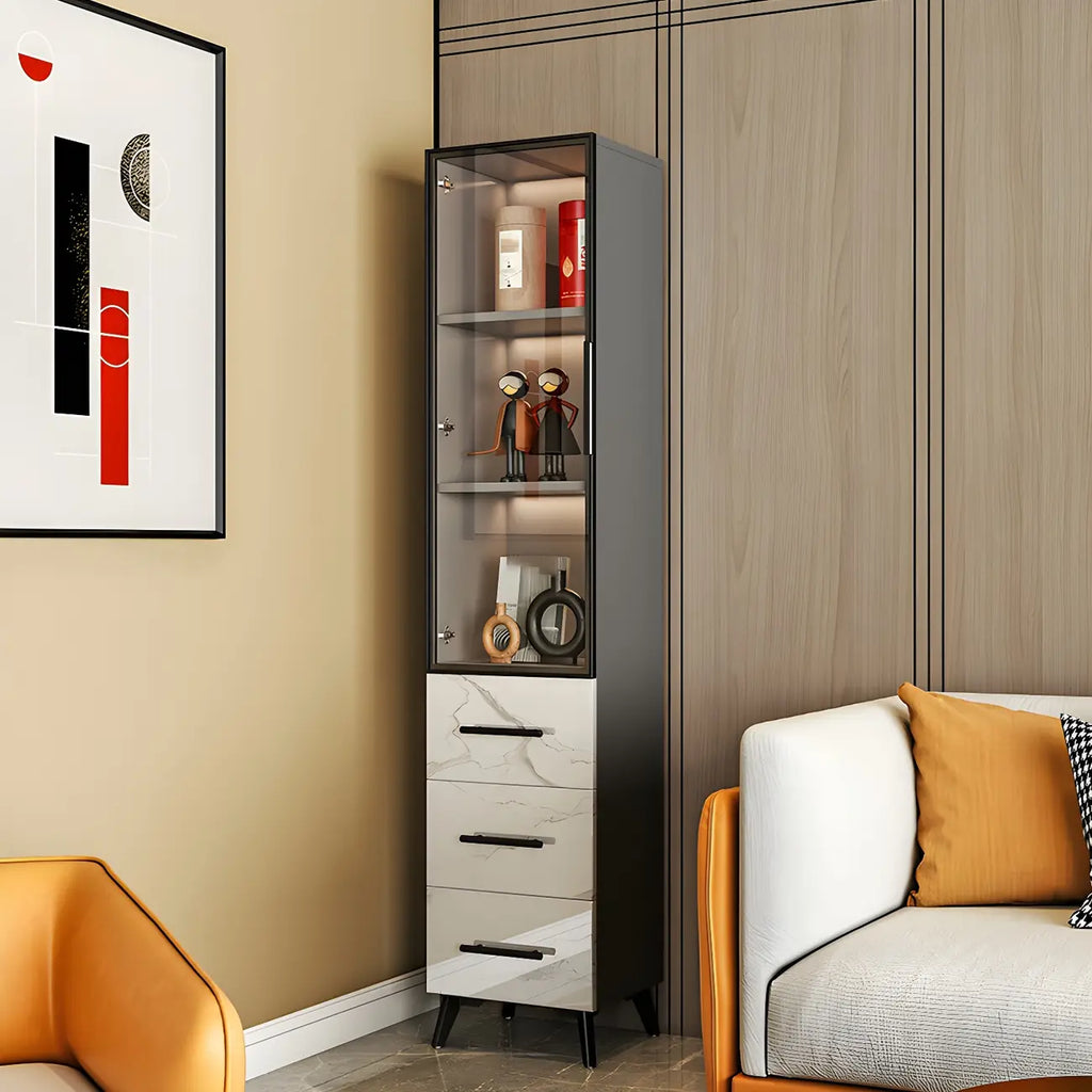 Meuble polyvalent moderne en bois texturé marbre blanc doré et verre