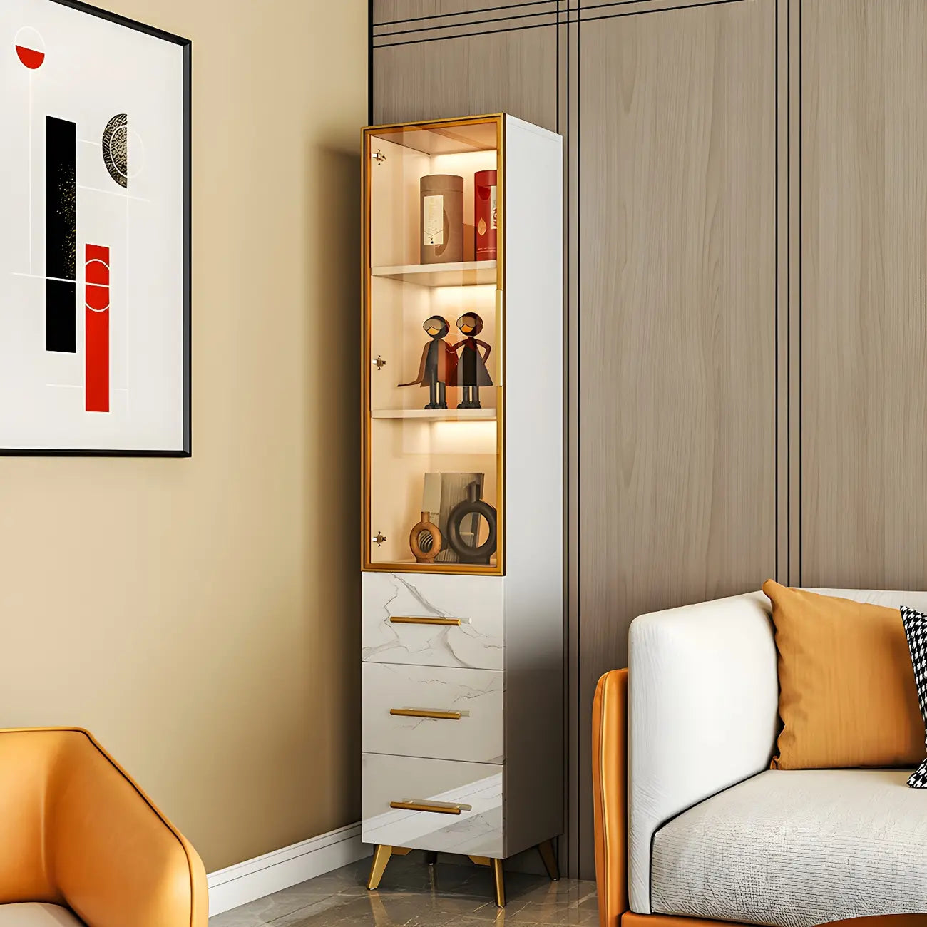 Meuble polyvalent moderne en bois texturé marbre blanc doré et verre