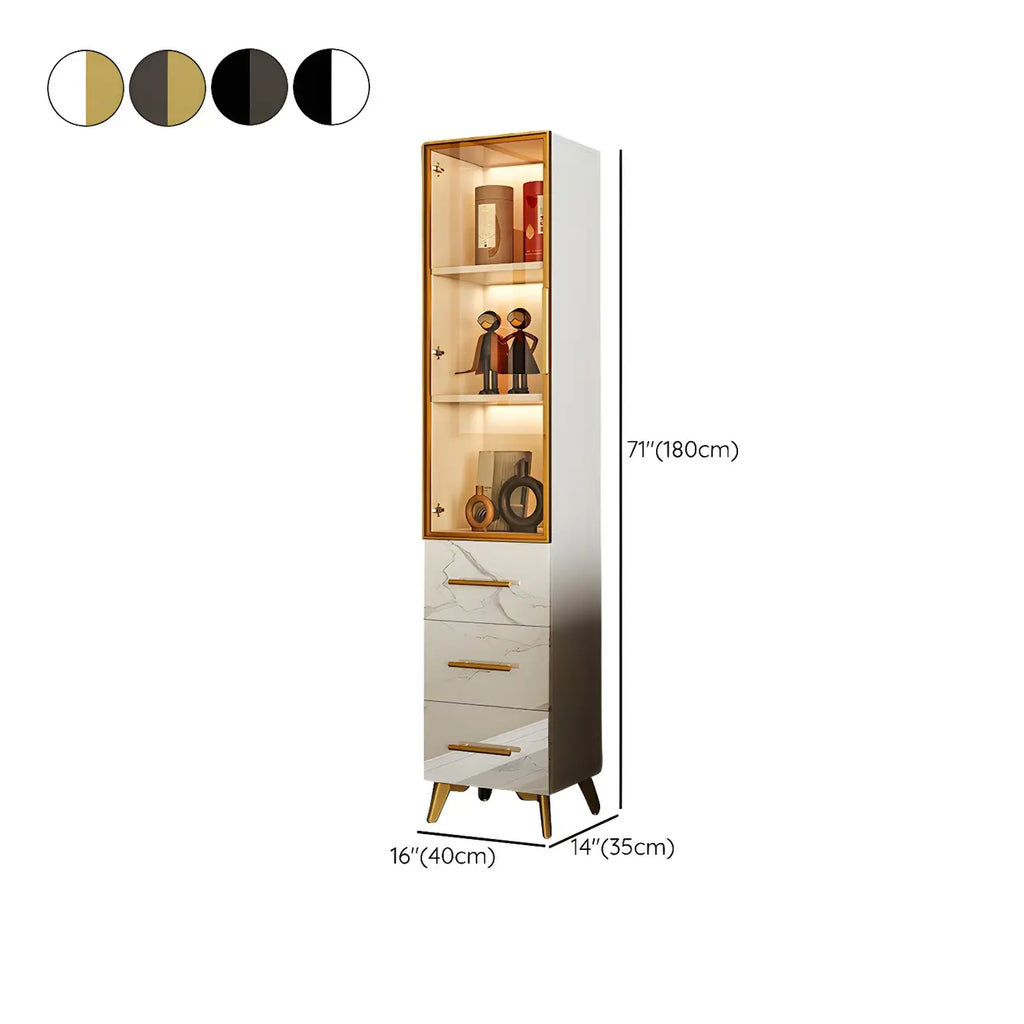 Meuble polyvalent moderne en bois texturé marbre blanc doré et verre