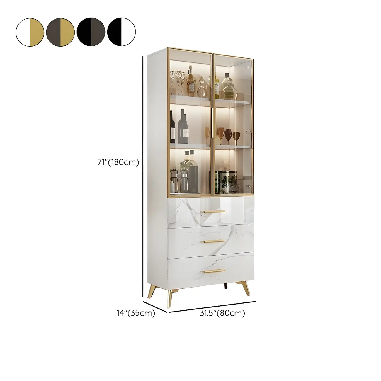 Meuble polyvalent moderne en bois texturé marbre blanc doré et verre