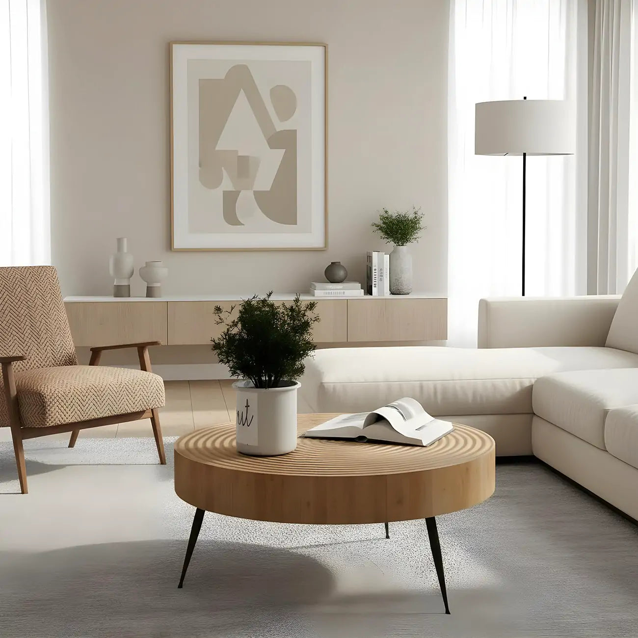 Tavolino scandinavo rotondo a 4 gambe con venature del legno