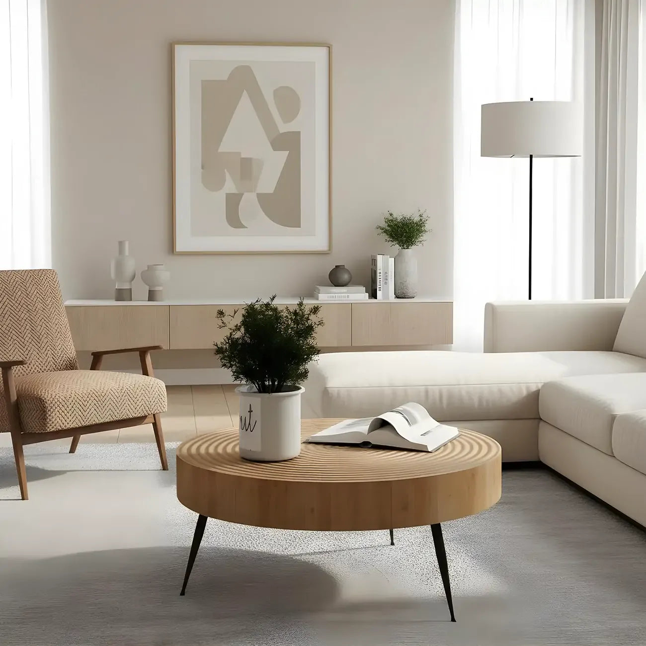 Tavolino scandinavo rotondo a 4 gambe con venature del legno