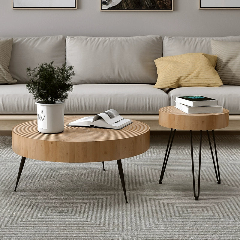 Tavolino scandinavo rotondo a 4 gambe con venature del legno