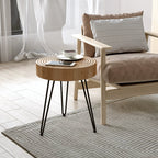 Tavolino scandinavo rotondo a 4 gambe con venature del legno