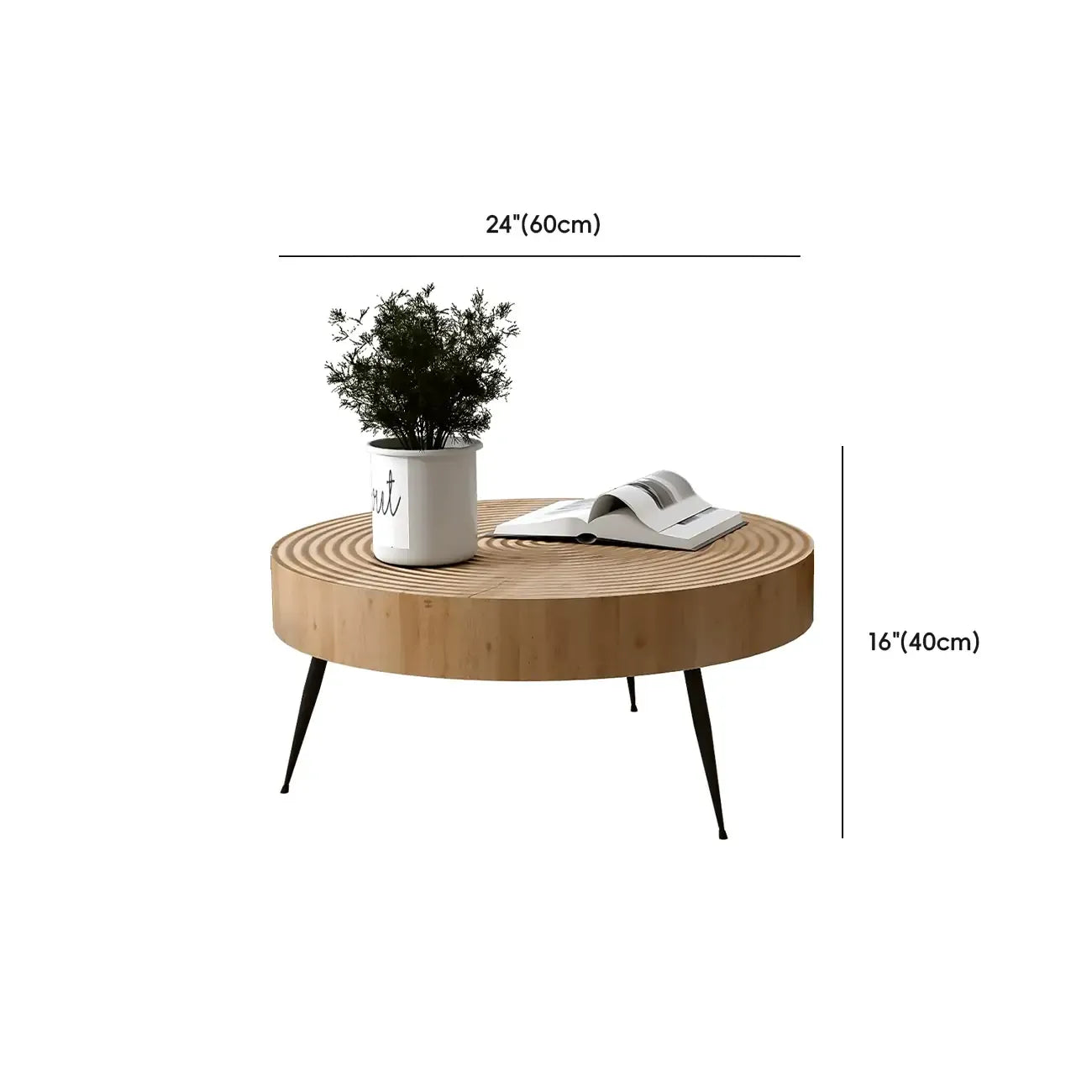 Tavolino scandinavo rotondo a 4 gambe con venature del legno