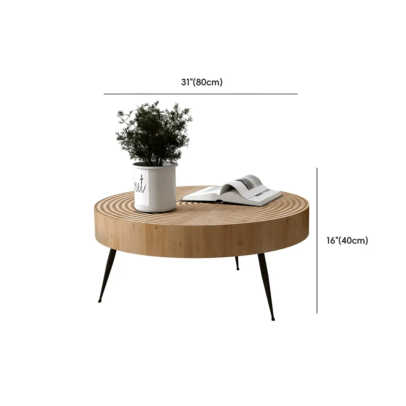 Tavolino scandinavo rotondo a 4 gambe con venature del legno