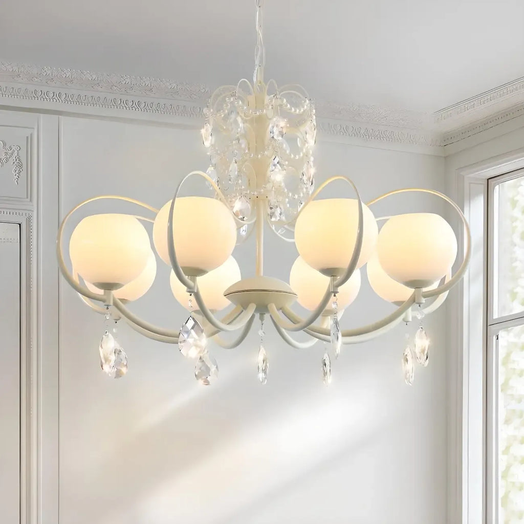 Lustre moderne en cristal, métal ivoire et verre blanc.