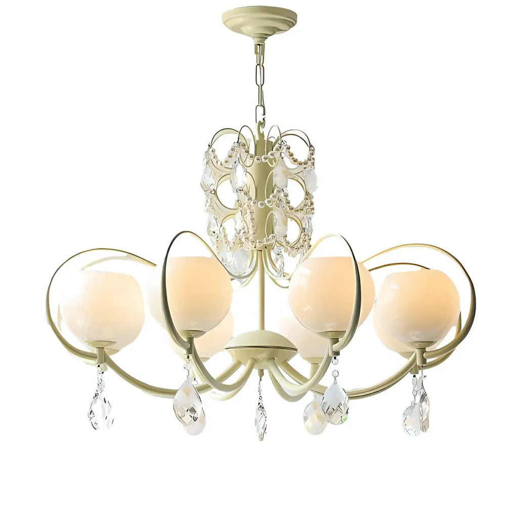 Lustre moderne en cristal, métal ivoire et verre blanc.