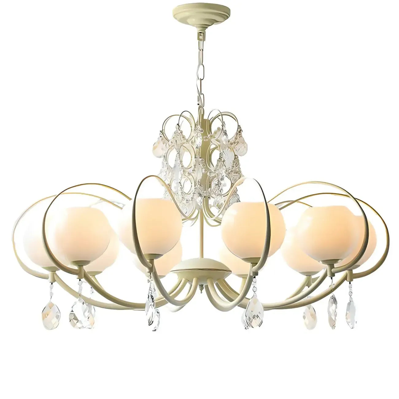 Lustre moderne en cristal, métal ivoire et verre blanc.