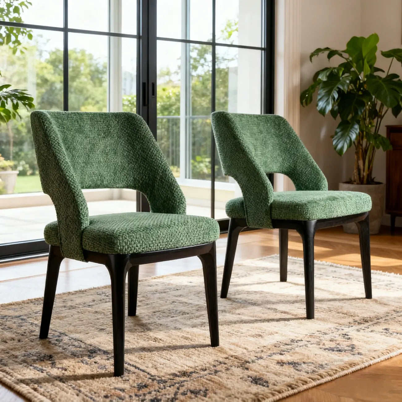 Chaise de salle à manger moderne en coton et lin vert, recouverte d'un revêtement en coton.