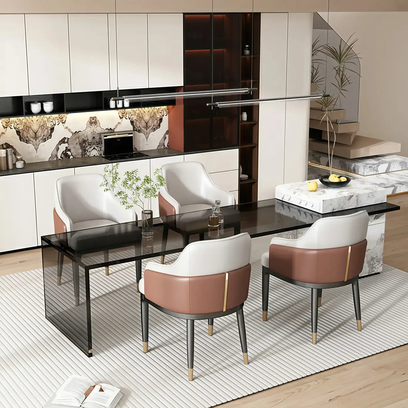 Chaise de salle à manger moderne en cuir véritable, à accoudoirs inclinés et dossier bas