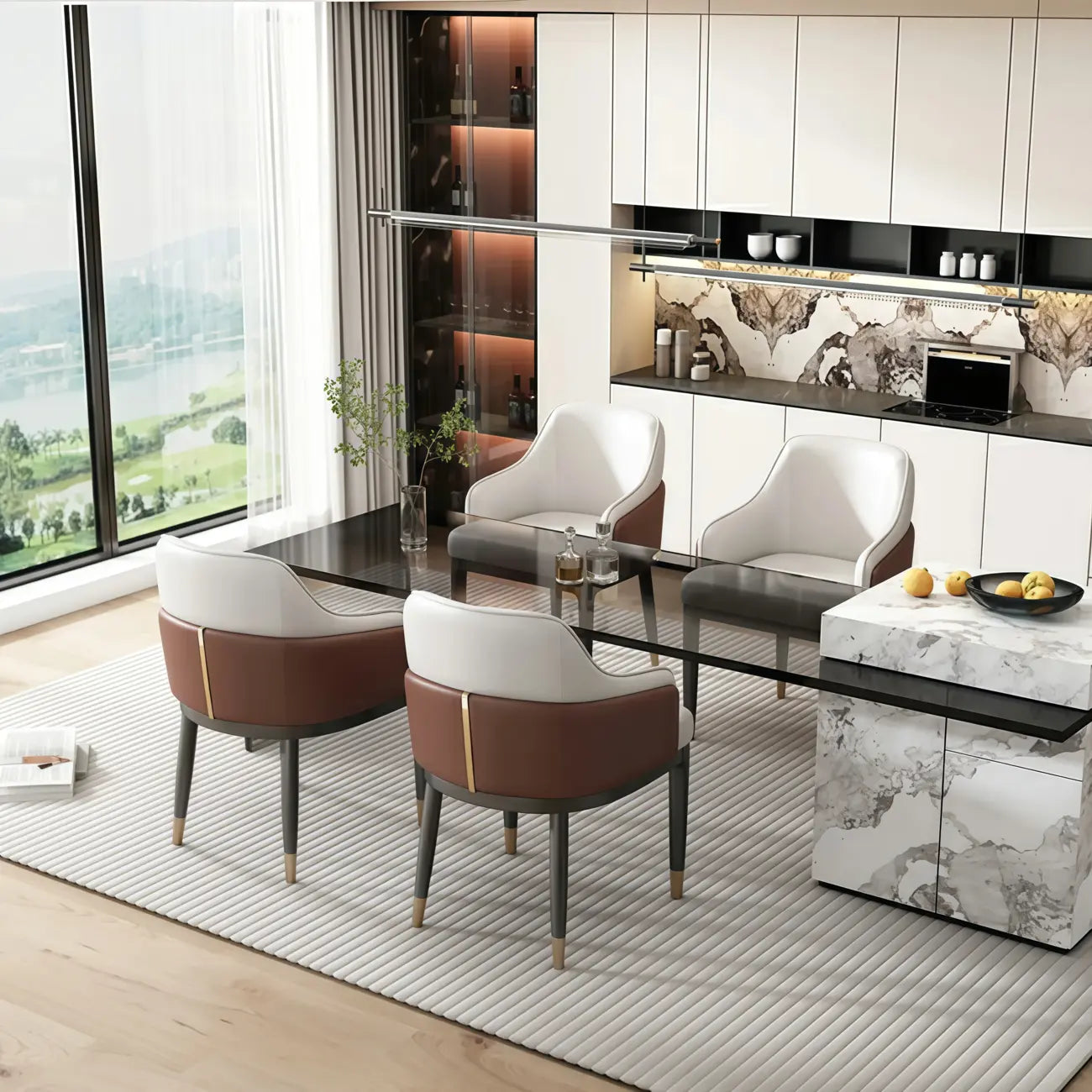 Chaise de salle à manger moderne en cuir véritable, à accoudoirs inclinés et dossier bas