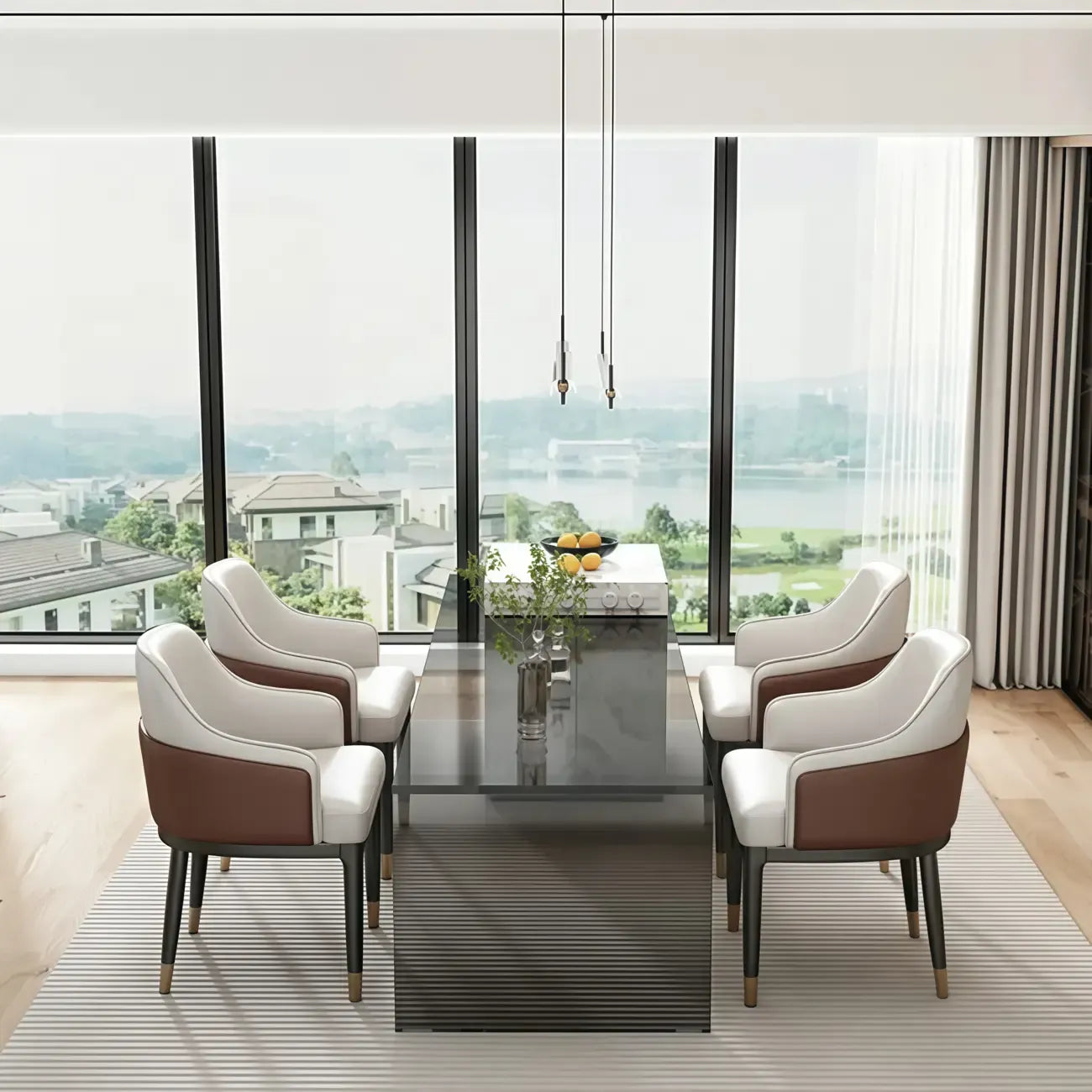 Chaise de salle à manger moderne en cuir véritable, à accoudoirs inclinés et dossier bas