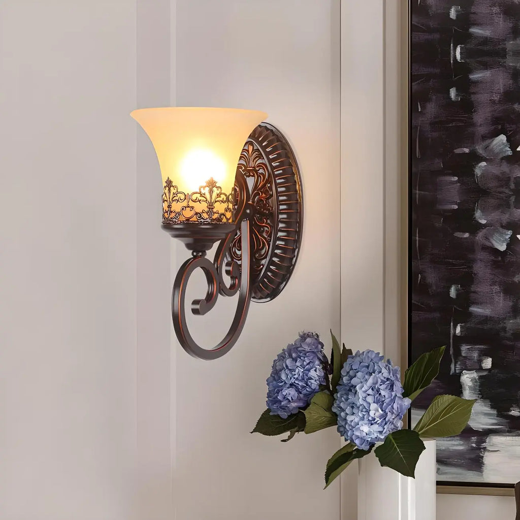 Applique murale LED en bronze vintage avec abat-jour en verre dépoli