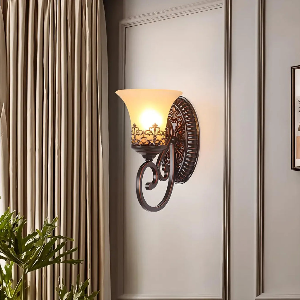Applique murale LED en bronze vintage avec abat-jour en verre dépoli