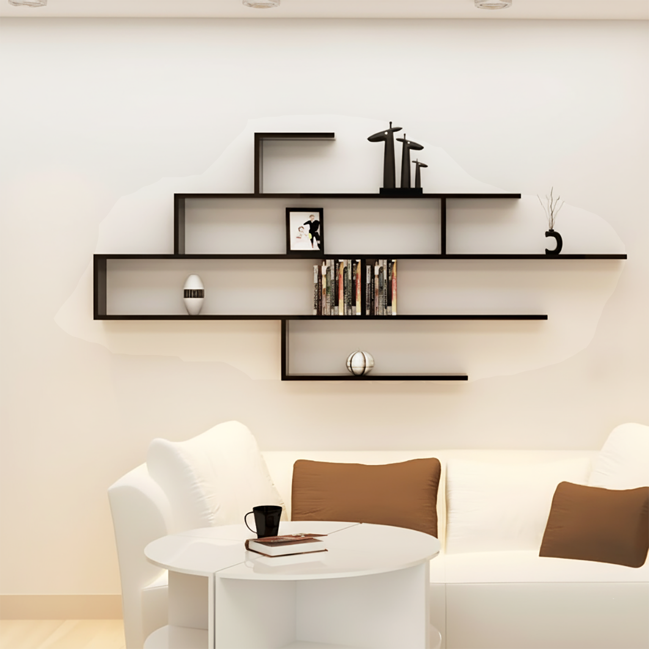Bibliothèque murale minimaliste en bois noir à motif géométrique
