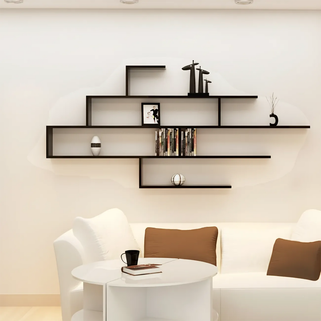 Bibliothèque murale minimaliste en bois noir à motif géométrique