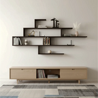 Bibliothèque murale minimaliste en bois noir à motif géométrique