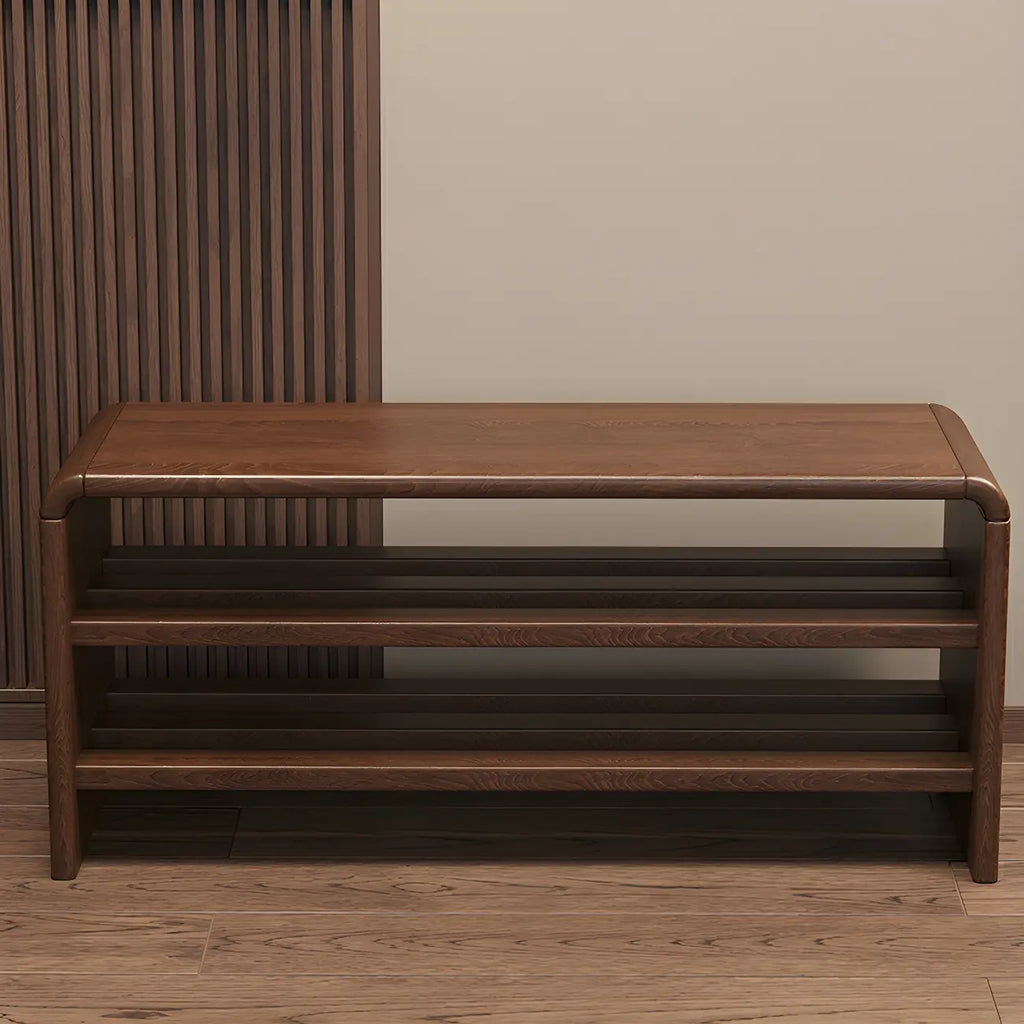 Banc à chaussures à 3 niveaux en bois massif marron pour entrée
