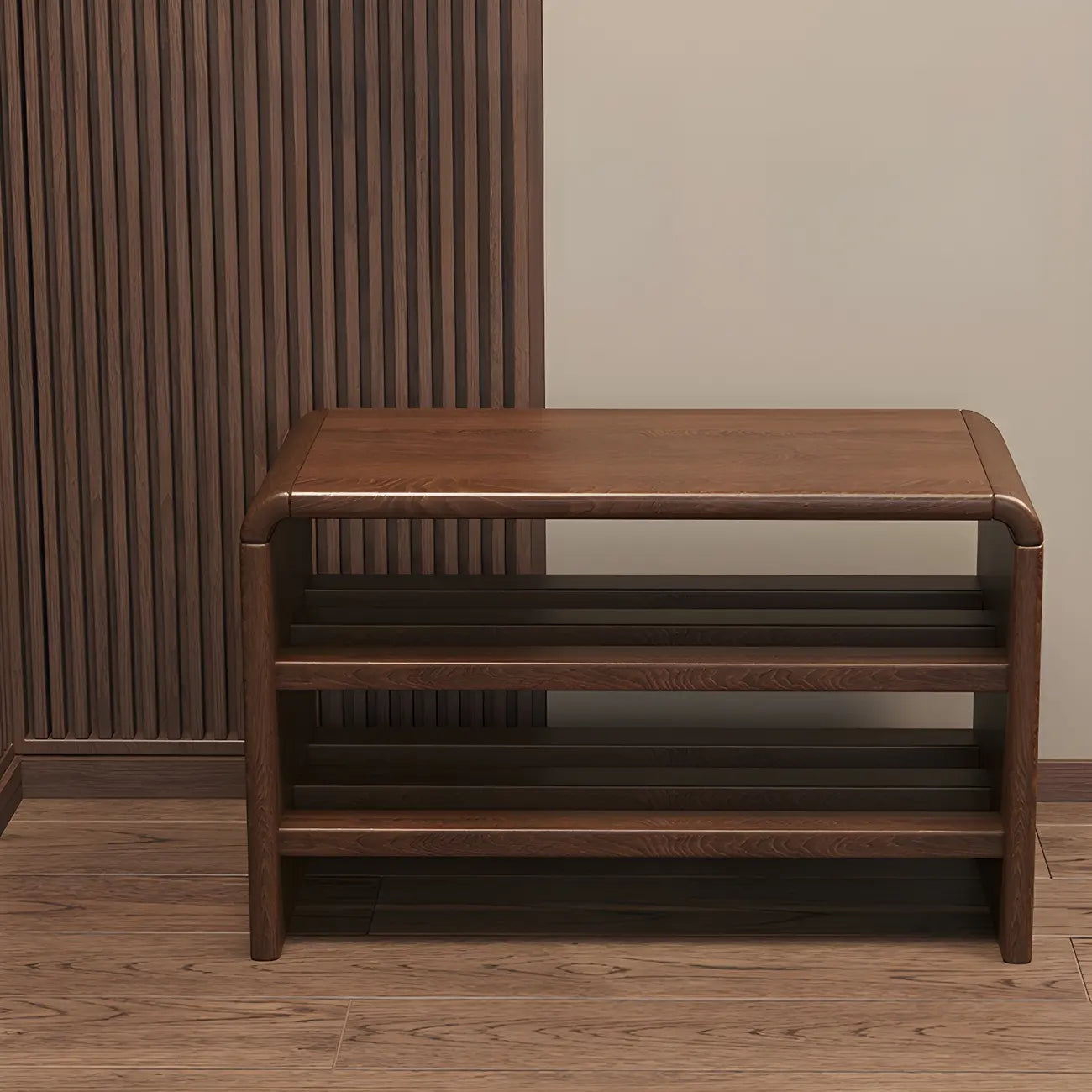 Banc à chaussures à 3 niveaux en bois massif marron pour entrée