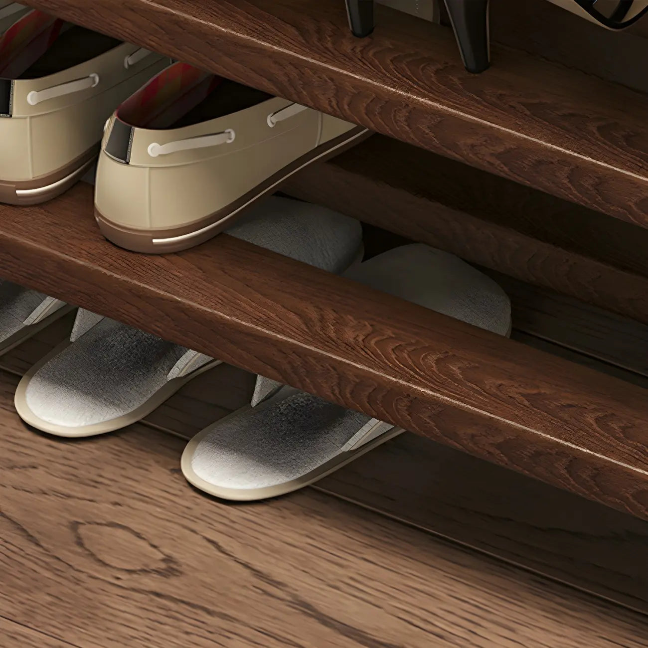 Banc à chaussures à 3 niveaux en bois massif marron pour entrée
