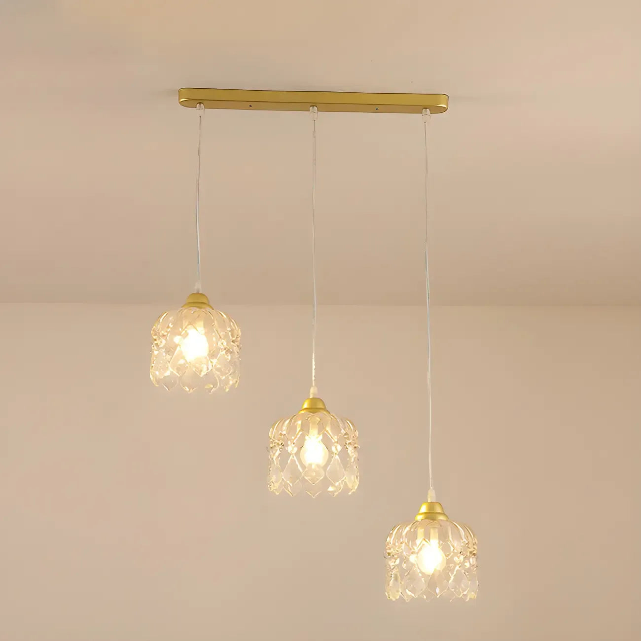 Lampada a sospensione da isola elegante, piccola, a 3 luci, in cristallo dorato per cucina