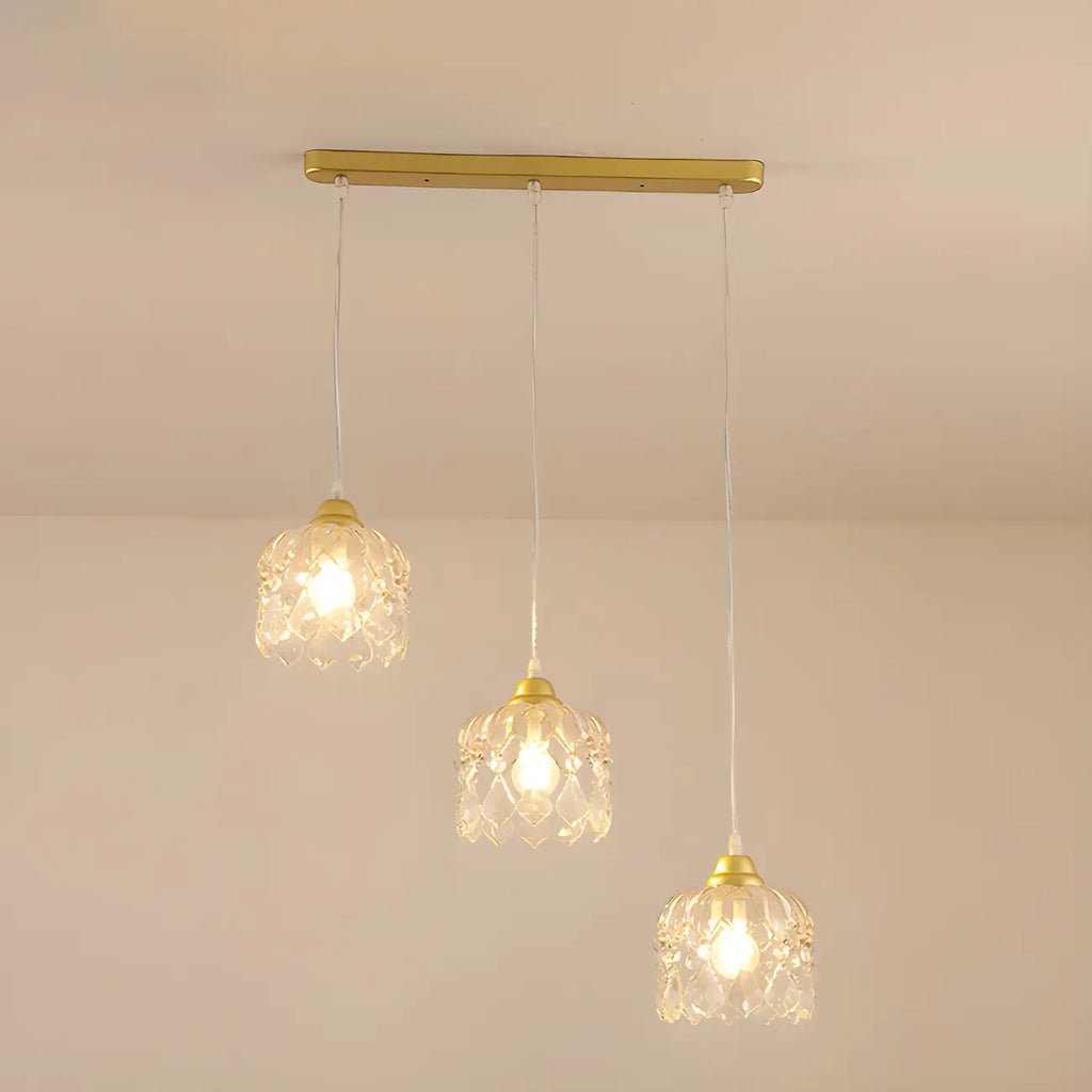 Lampada a sospensione da isola elegante, piccola, a 3 luci, in cristallo dorato per cucina