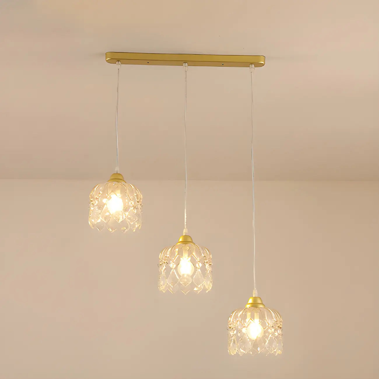 Lampada a sospensione da isola elegante, piccola, a 3 luci, in cristallo dorato per cucina